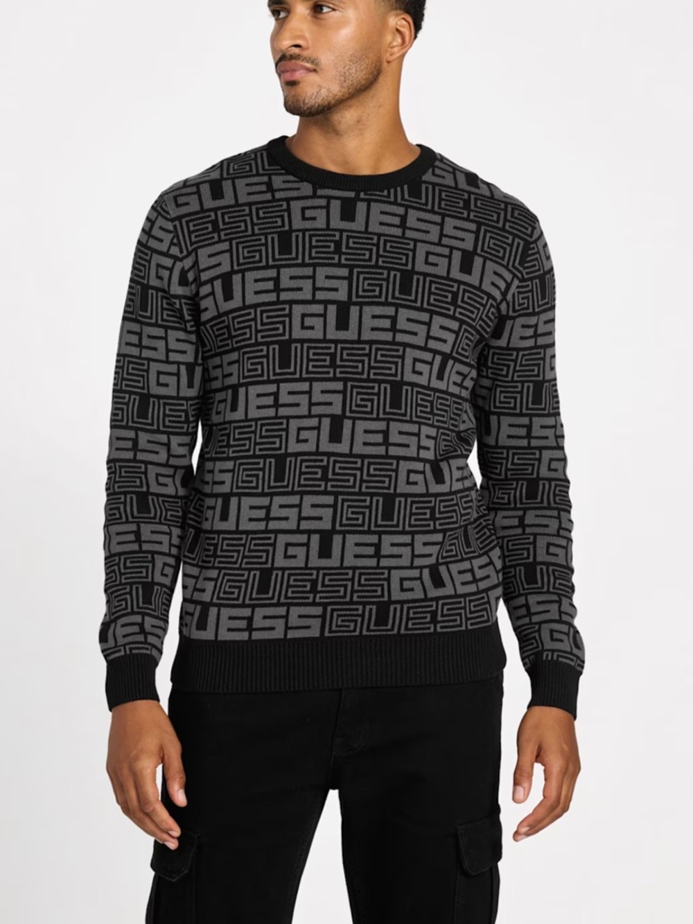 GUESS All Over Logo Crewneck Sweater Black Gray Monogram Streetwear 100% Cotton